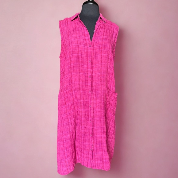 Eileen Fisher Dresses & Skirts - EILEEN FISHER Organic Linen Plaid Sleeveless Shift Dress Sangria L